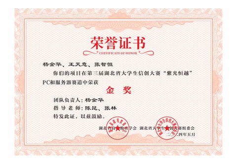 第三届湖北省大学生信创大赛“紫光恒越”PC 和服务器赛道证书